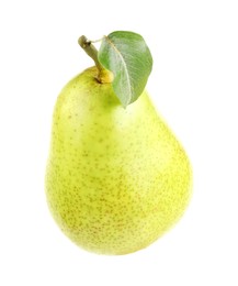 Photo of One ripe pear with leaf on white background