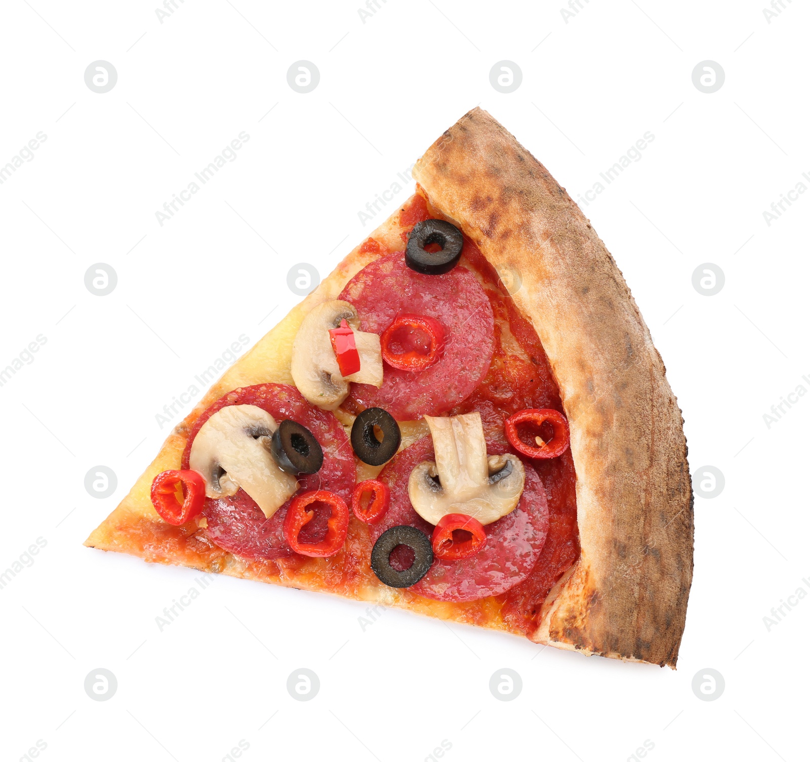 Photo of Slice of delicious pizza isolated on white, top view