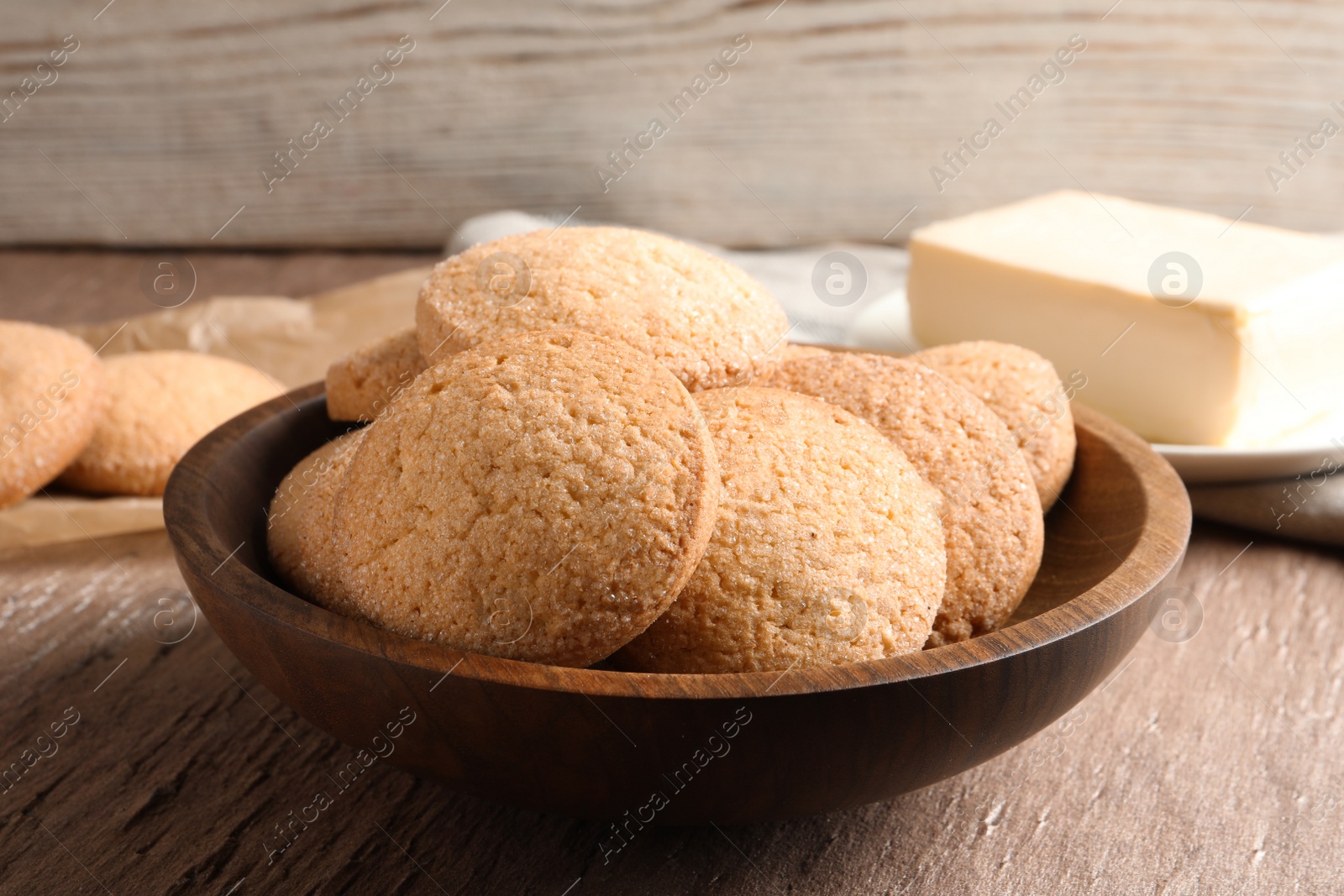 Photo of Bowl with Danish butter cookies on table