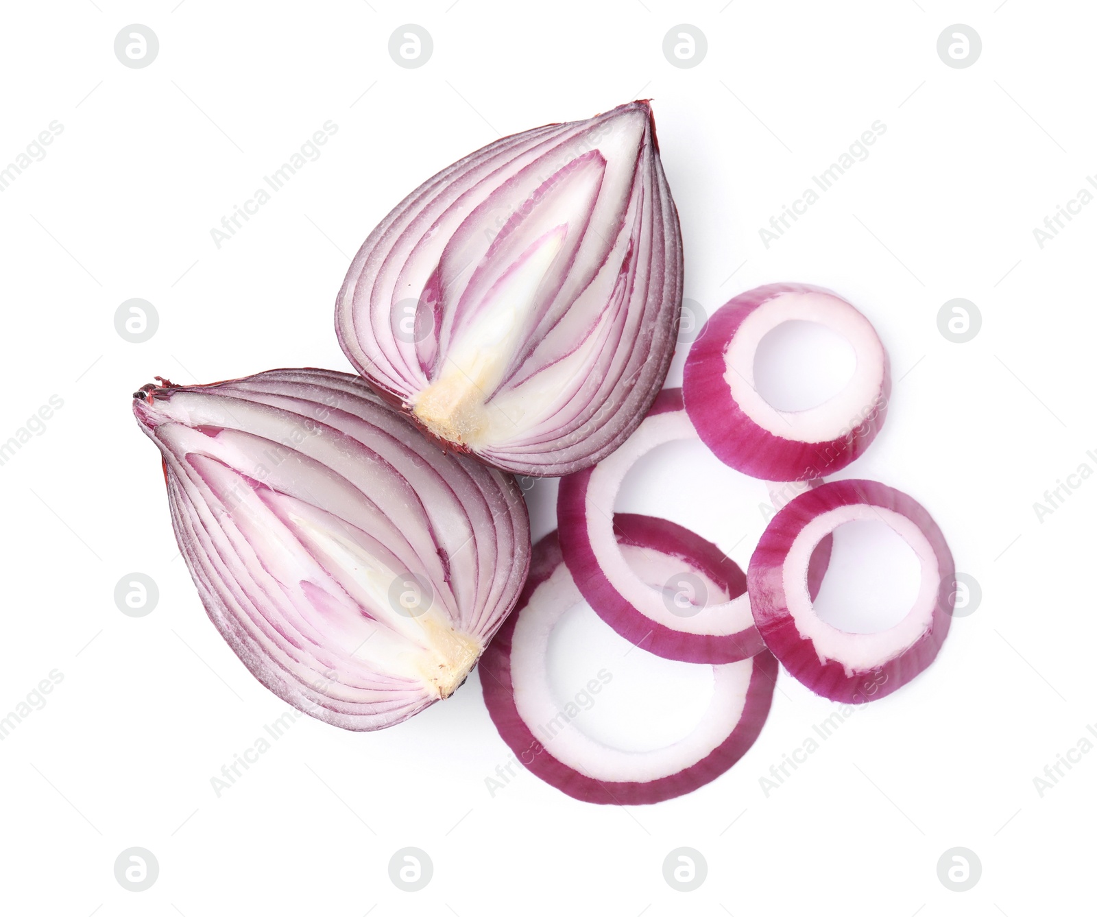 Photo of Fresh red ripe onions isolated on white, top view
