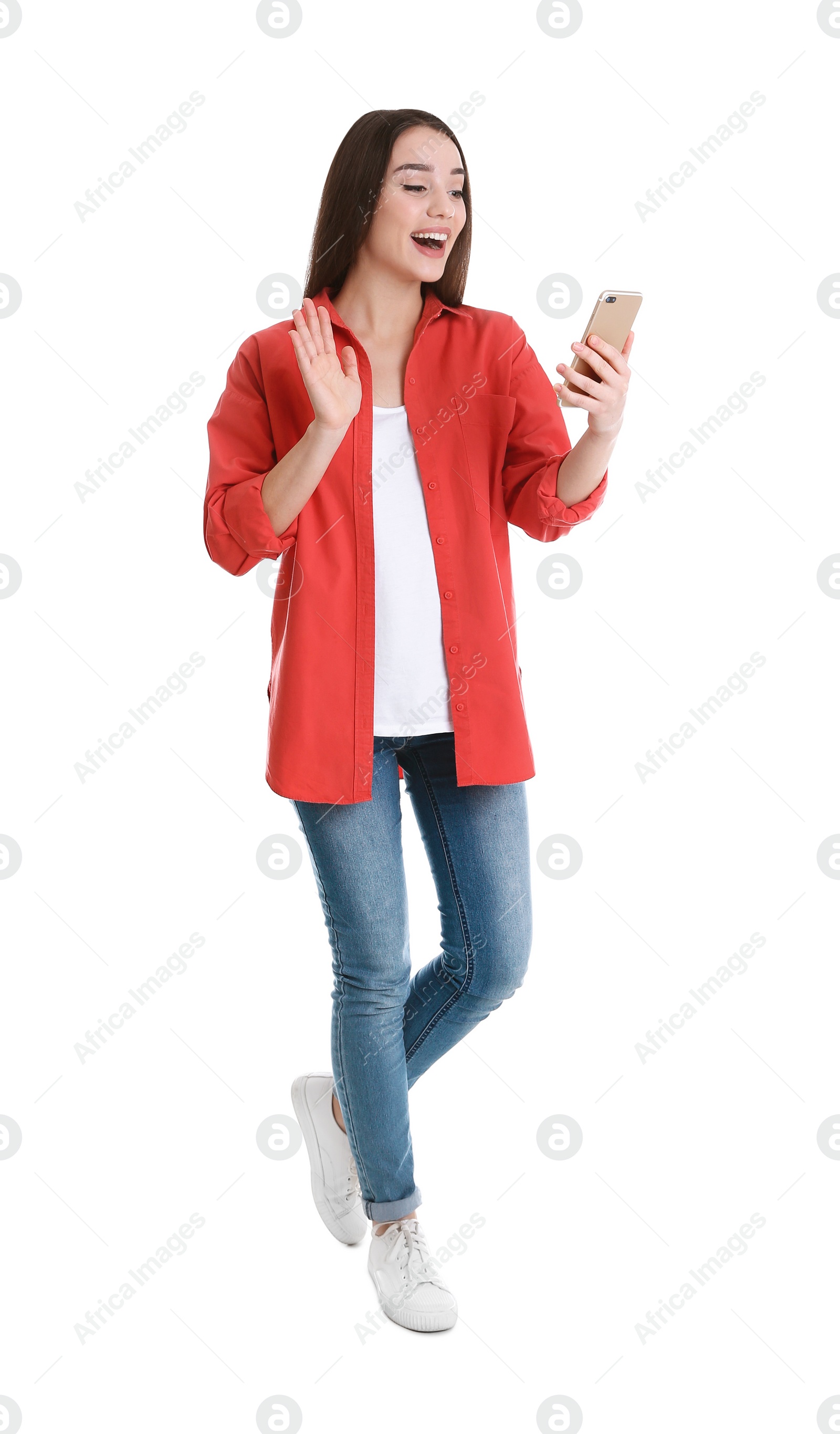 Photo of Woman using mobile phone for video chat isolated on white