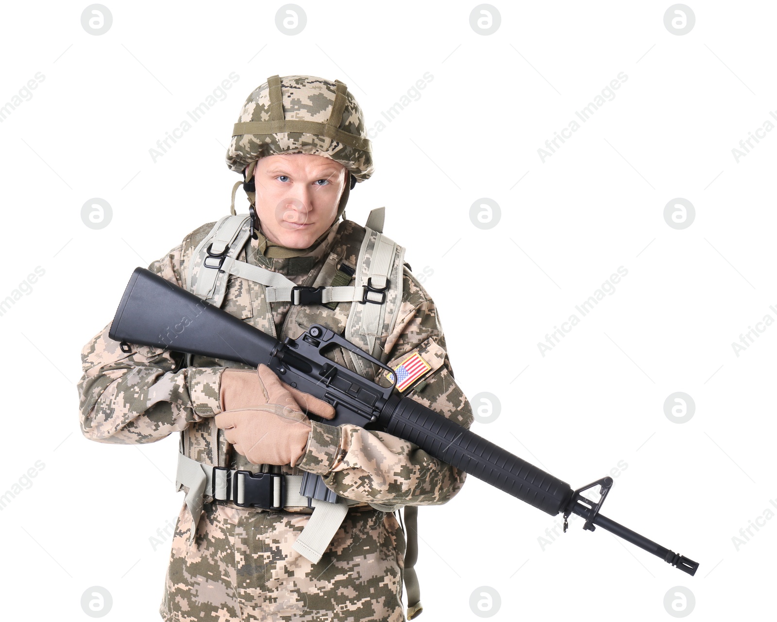 Photo of Male soldier with machine gun on white background. Military service