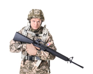 Male soldier with machine gun on white background. Military service