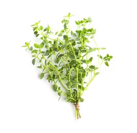 Photo of Bunch of fresh marjoram leaves on white background, top view