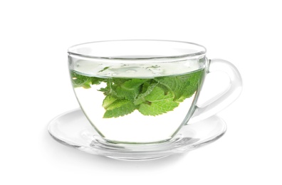 Photo of Cup with hot aromatic mint tea on white background