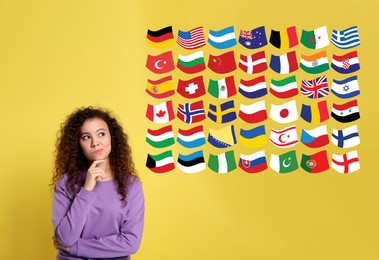 Image of Portrait of interpreter and flags of different countries on yellow background