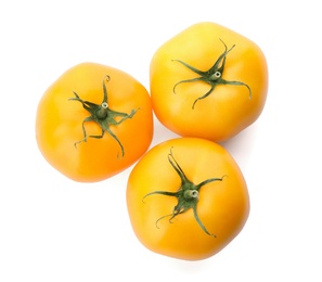 Photo of Delicious ripe yellow tomatoes isolated on white, top view