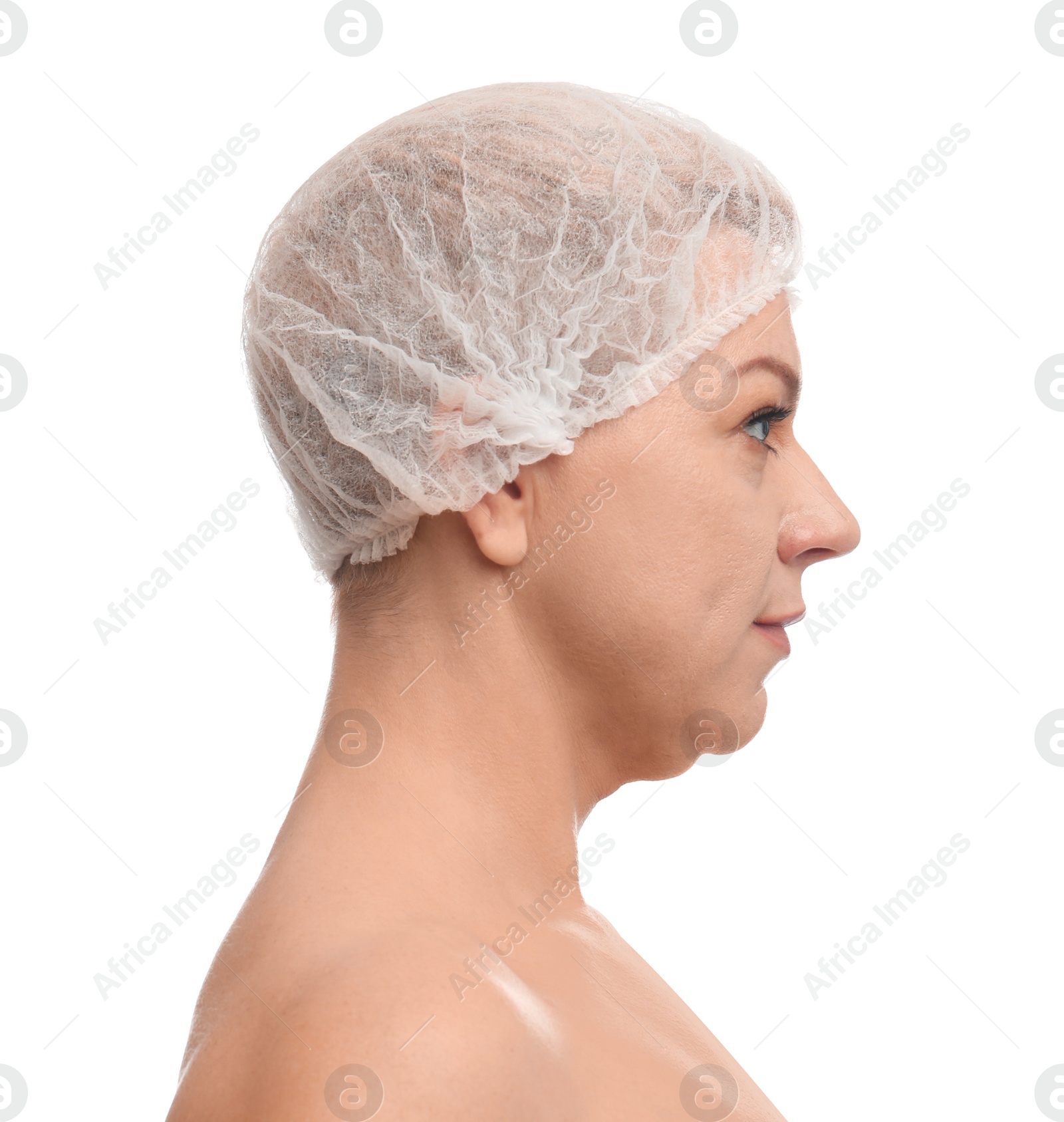 Photo of Mature woman with double chin on white background