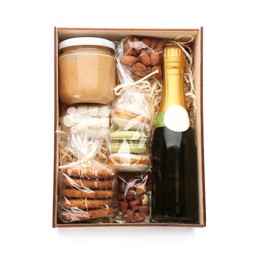 Stylish gift set in wooden box isolated on white, top view