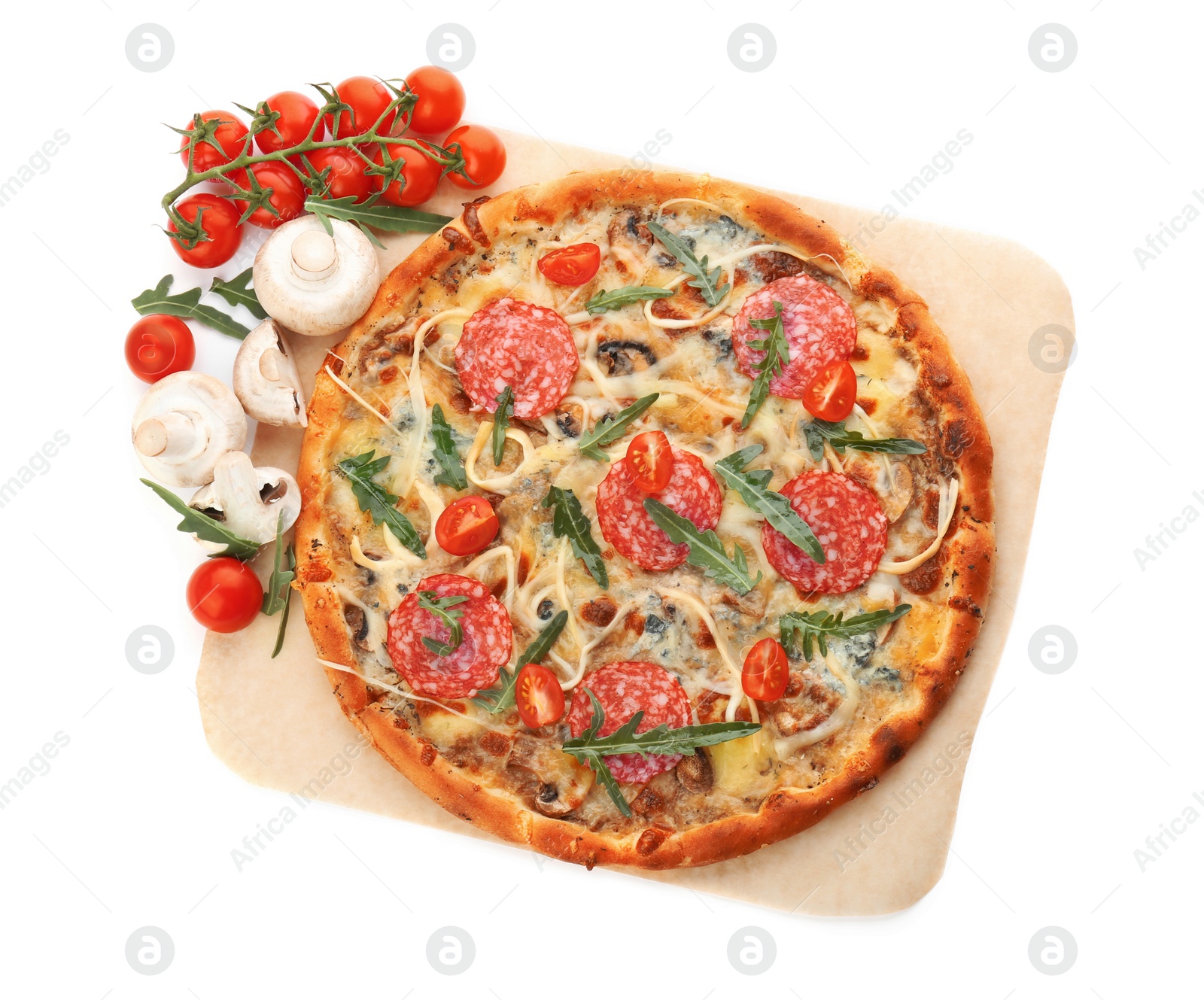 Photo of Delicious pizza with tomatoes and sausage on white background