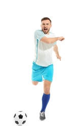 Young man playing football on white background