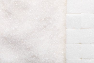 Photo of Different types of white sugar as background, top view. Space for text