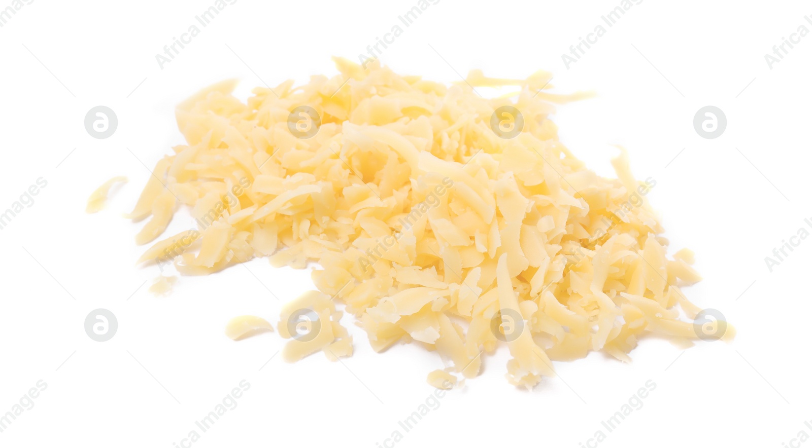 Photo of Pile of tasty grated cheese isolated on white