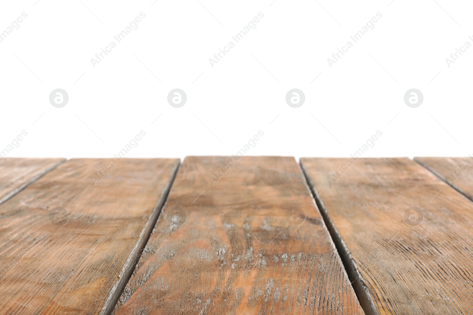 Photo of Empty wooden table surface on white background