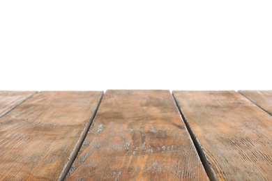 Empty wooden table surface on white background