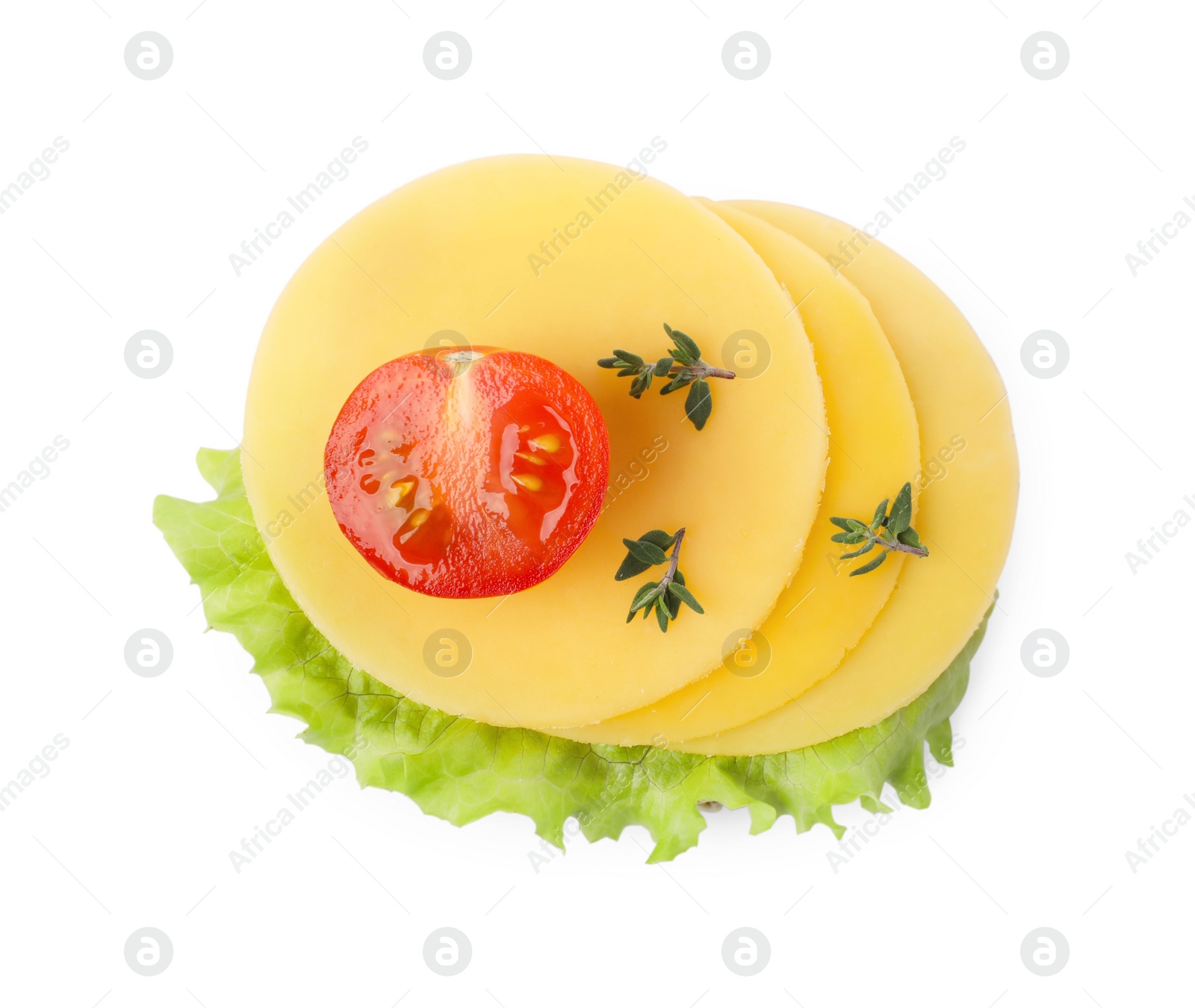 Photo of Tasty sandwich with slices of fresh cheese, tomato, thyme and lettuce isolated on white, top view