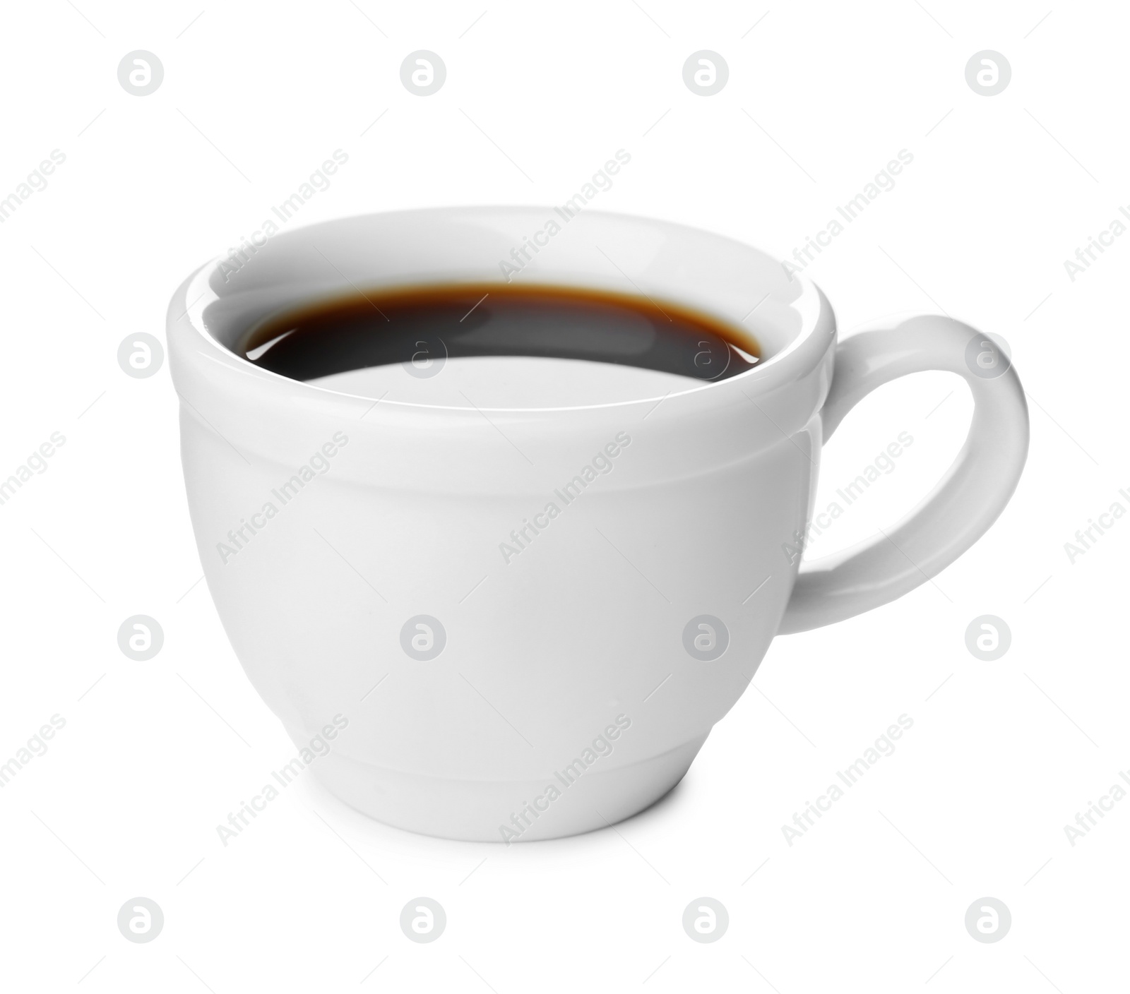 Photo of Cup with delicious hot coffee on white background