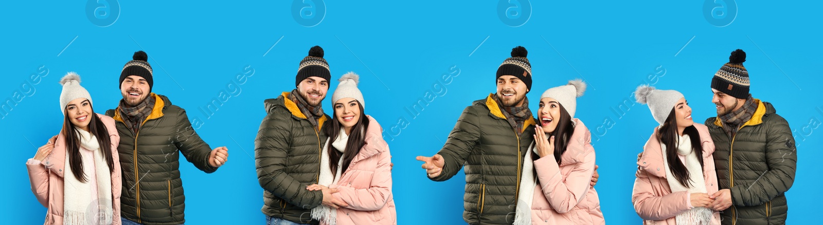 Image of Collage with photos of couple wearing warm clothes on blue background, banner design. Winter vacation