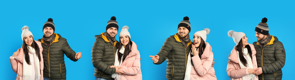 Image of Collage with photos of couple wearing warm clothes on blue background, banner design. Winter vacation