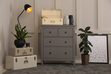 Photo of Stylish room interior with storage trunks, grey chest of drawers and plants