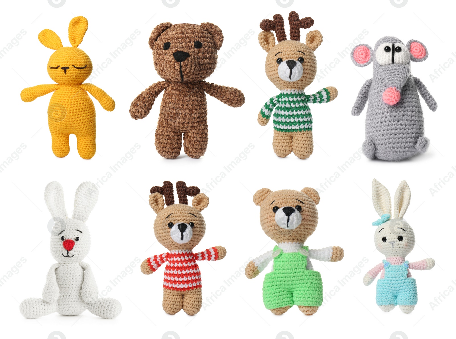 Image of Set with different knitted toys isolated on white