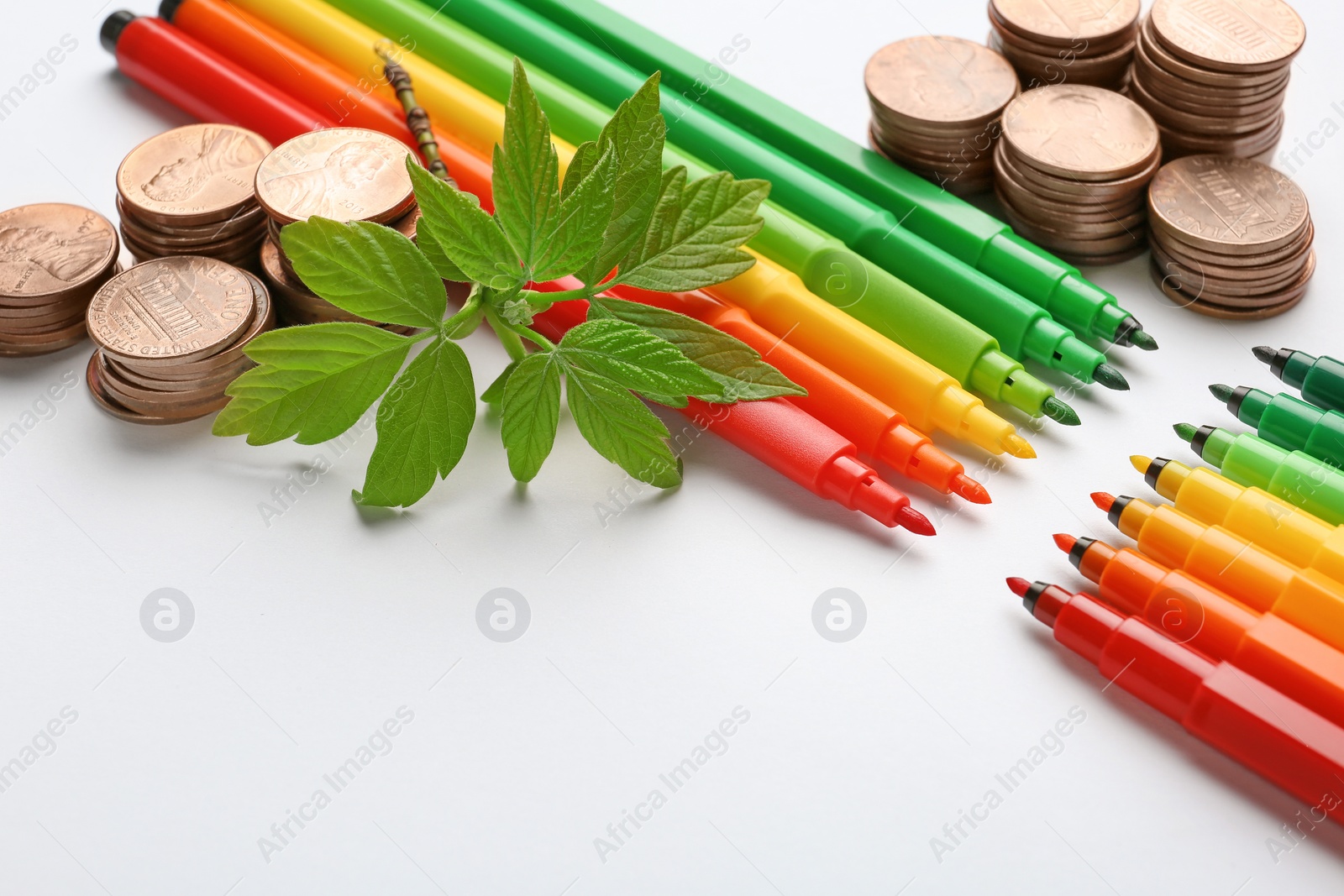 Photo of Composition with colorful markers, money and plant on white background. Energy efficiency concept