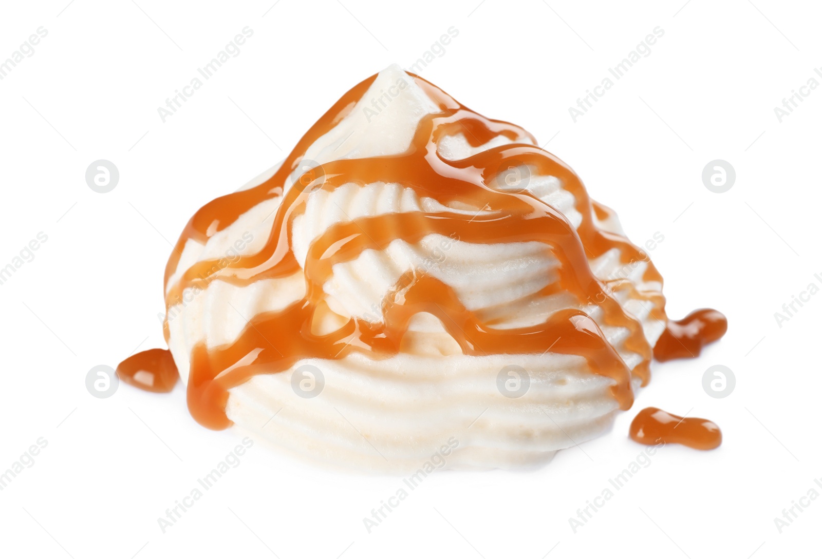 Photo of Delicious fresh whipped cream with caramel sauce isolated on white