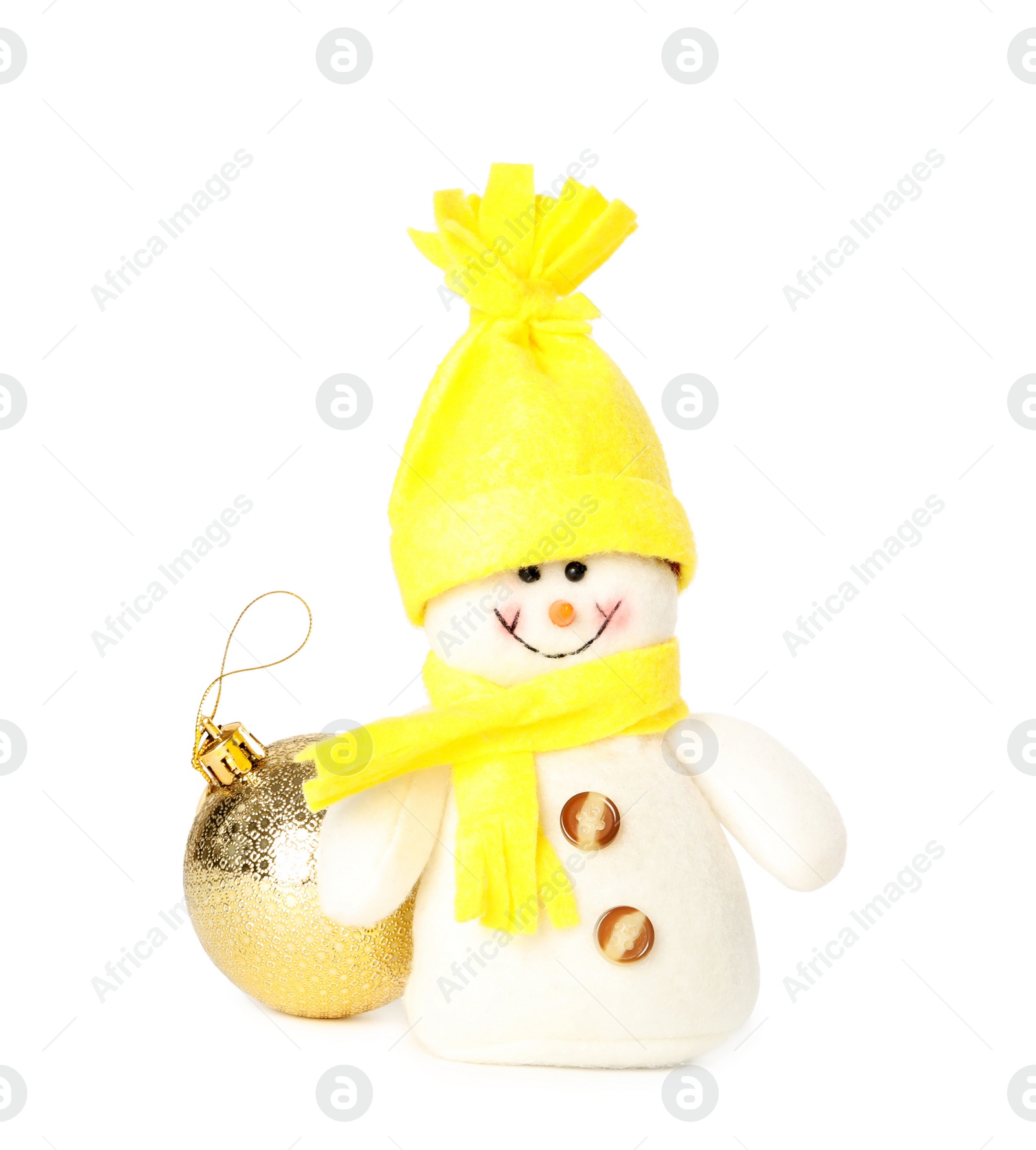 Photo of Cute snowman toy and golden Christmas ball isolated on white