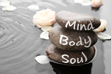 Photo of Spa stones with words Mind, Body, Soul and rose petals in water, space for text. Zen lifestyle