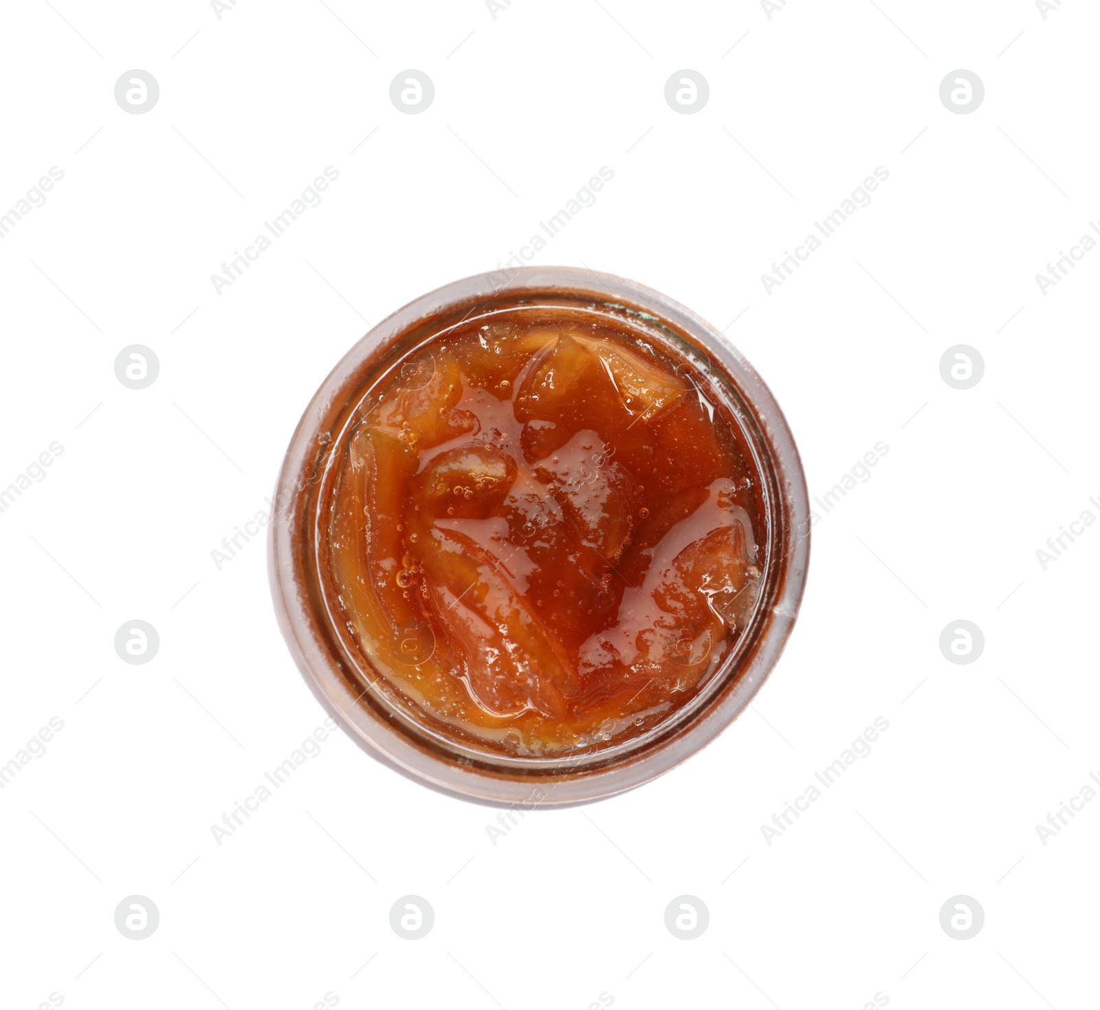 Photo of Glass jar with apple jam isolated on white, top view