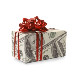 Photo of Gift box wrapped in decorative paper with dollar pattern on white background