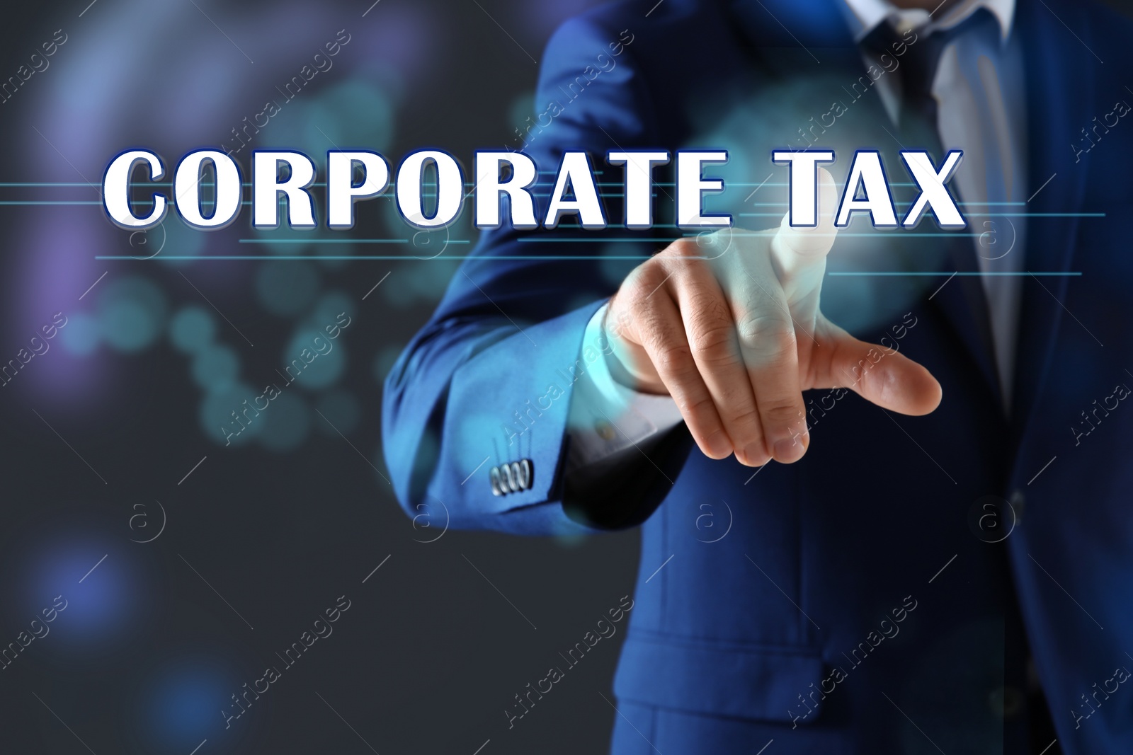 Image of Corporate tax concept. Man touching virtual screen on color background, closeup