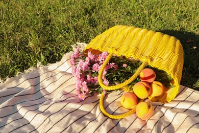 Photo of Yellow wicker bag with beautiful flowers and peaches on picnic blanket outdoors