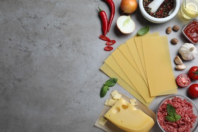 Fresh lasagna ingredients on grey table, flat lay. Space for text