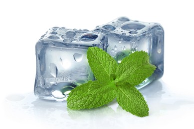 Image of Green mint and ice cubes isolated on white