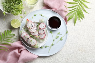 Photo of Delicious spring rolls served on light grey table, flat lay. Space for text