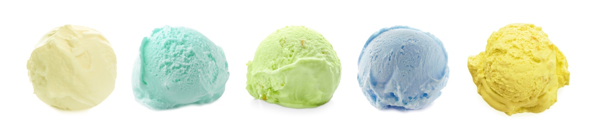 Set with scoops of different ice creams on white background. Banner design