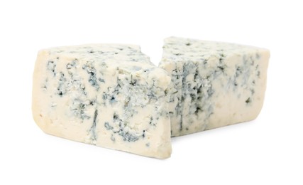 Photo of Pieces of delicious blue cheese isolated on white