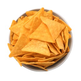Photo of Tortilla chips (nachos) in bowl on white background, top view