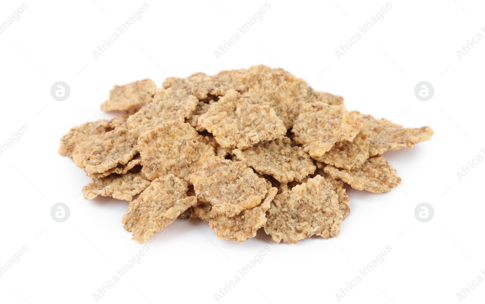 Photo of Pile of bran flakes on white background, closeup. Healthy breakfast cereal