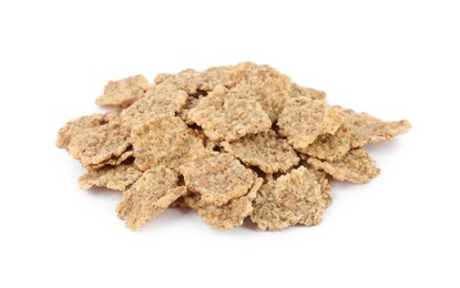 Pile of bran flakes on white background, closeup. Healthy breakfast cereal