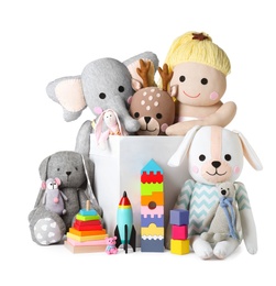 Photo of Set of different toys on white background