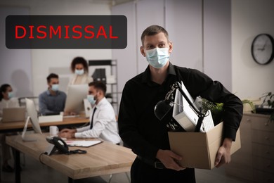 Image of Upset dismissed man carrying box with stuff in office