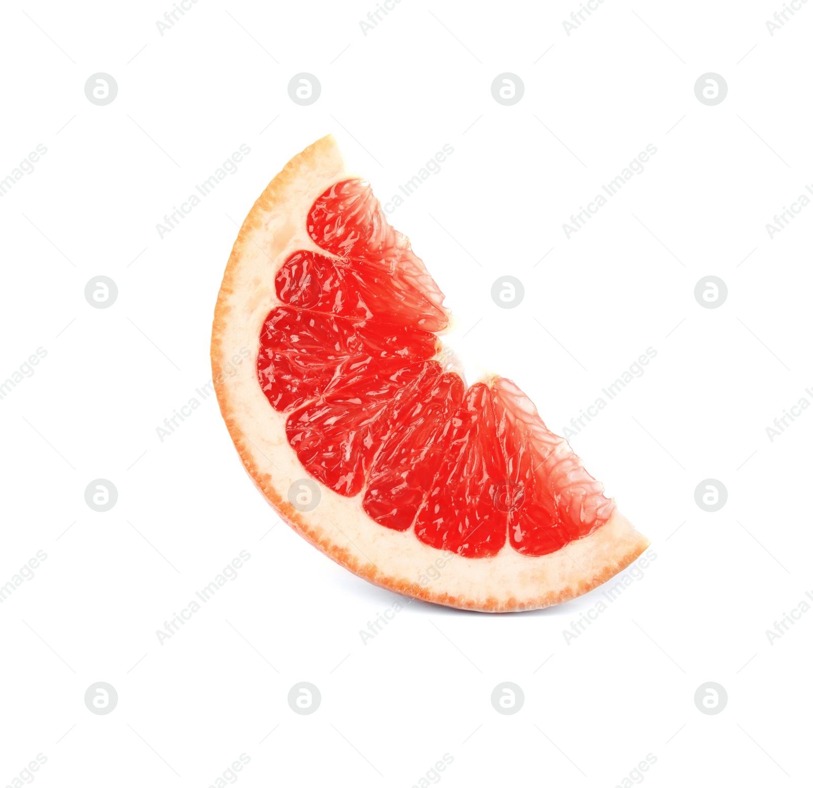 Photo of Slice of ripe juicy grapefruit on white background