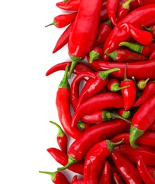 Red chili peppers on white background, top view. Space for text