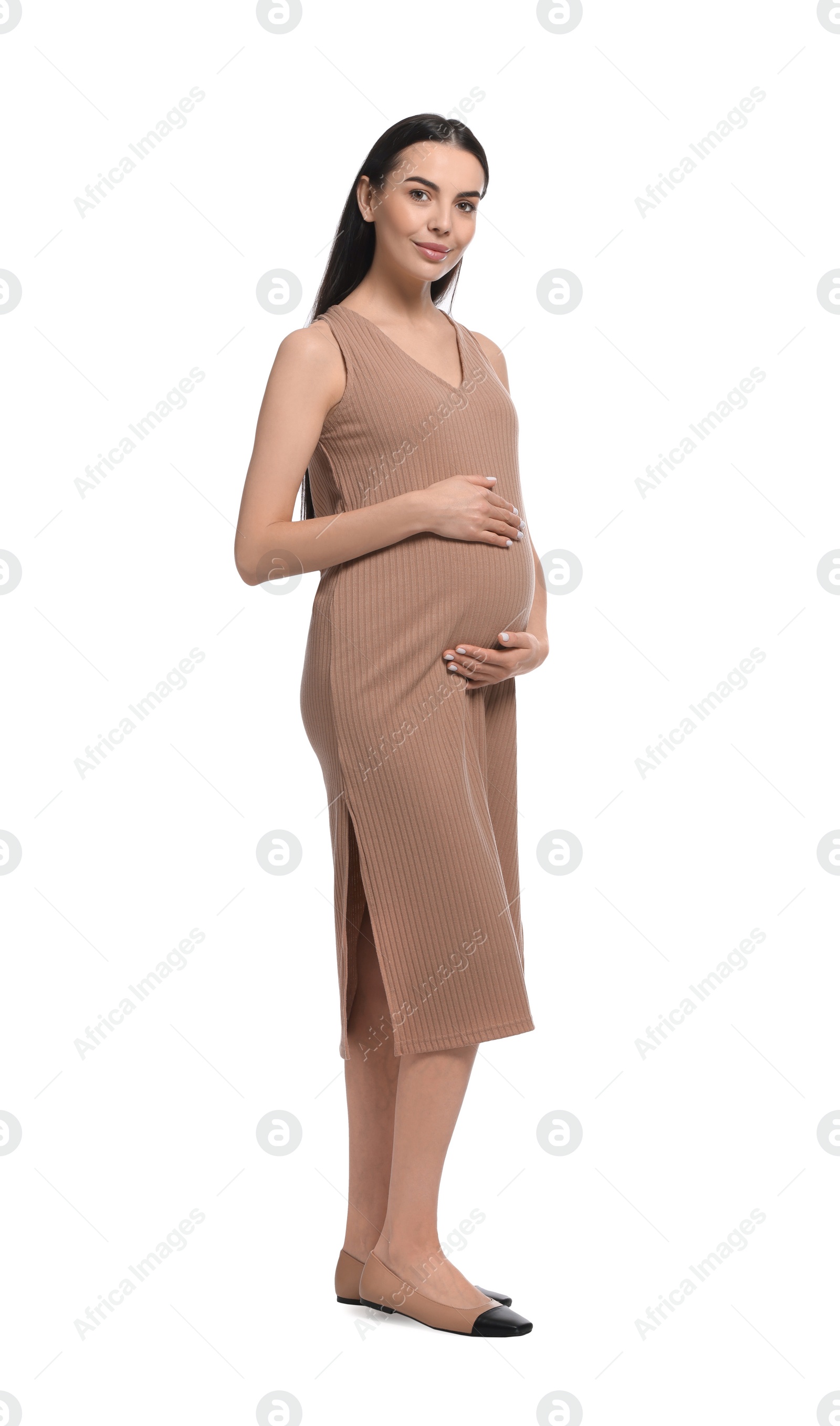 Photo of Full length portrait of beautiful pregnant woman isolated on white