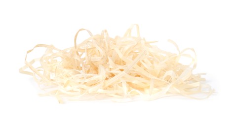 Photo of Pile of wood shavings isolated on white