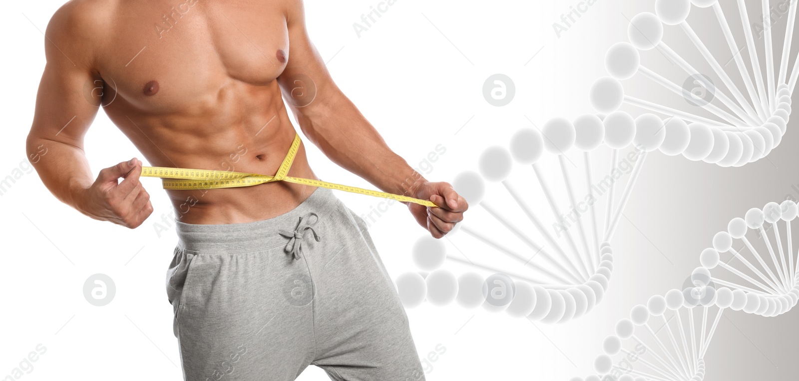 Image of Metabolism concept. Man with slim body on light background, closeup 