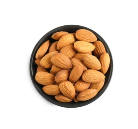 Bowl with organic almond nuts on white background, top view. Healthy snack