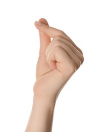 Photo of Woman rubbing thumb and index finger together isolated on white, closeup